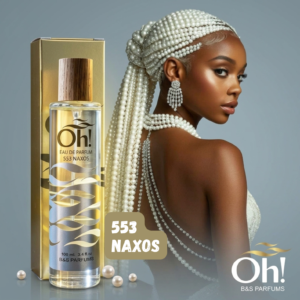 Perfume NAXOS 553 de Oh! B&S Parfums con frasco, caja dorada y modelo con perlas