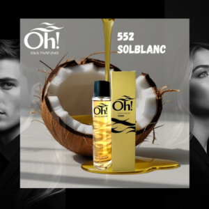 Perfume unisex SOLBLANC 552 de Oh! B&S Parfums con frasco, caja dorada y coco