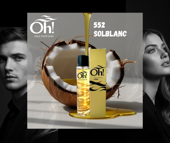 Perfume unisex SOLBLANC 552 de Oh! B&S Parfums con frasco, caja dorada y coco